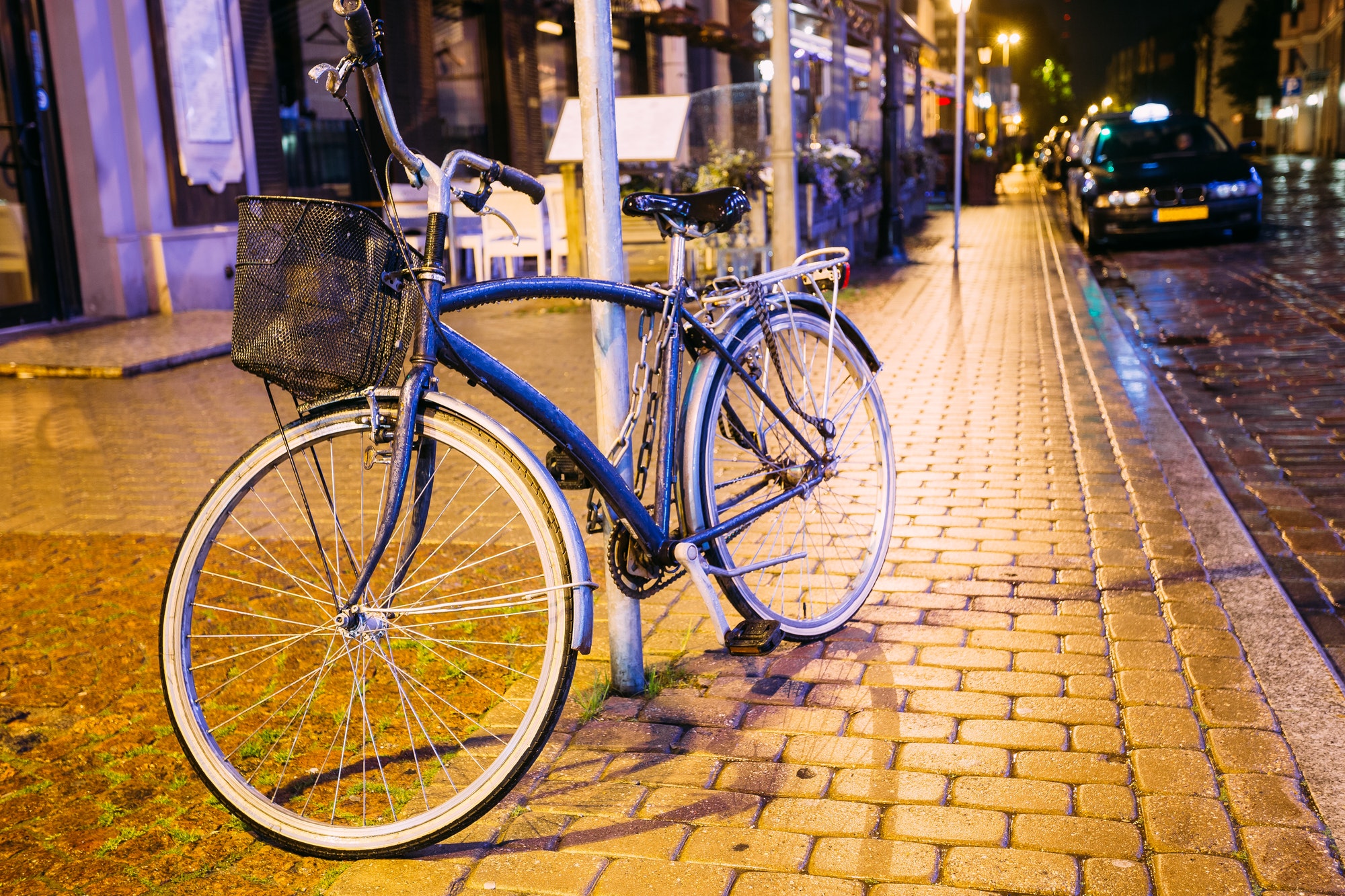 Bicycle Bike Parking On Street In Old Part European Town In Summ